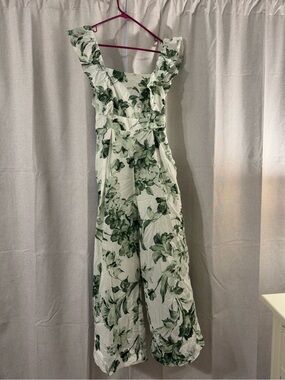 Women’s Floral Ruffle Strap Jumpsuit - Green/White